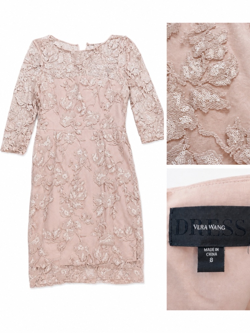 Vera Wang Blush Sequin Floral Lace Illusion Sheath Dress Size 8